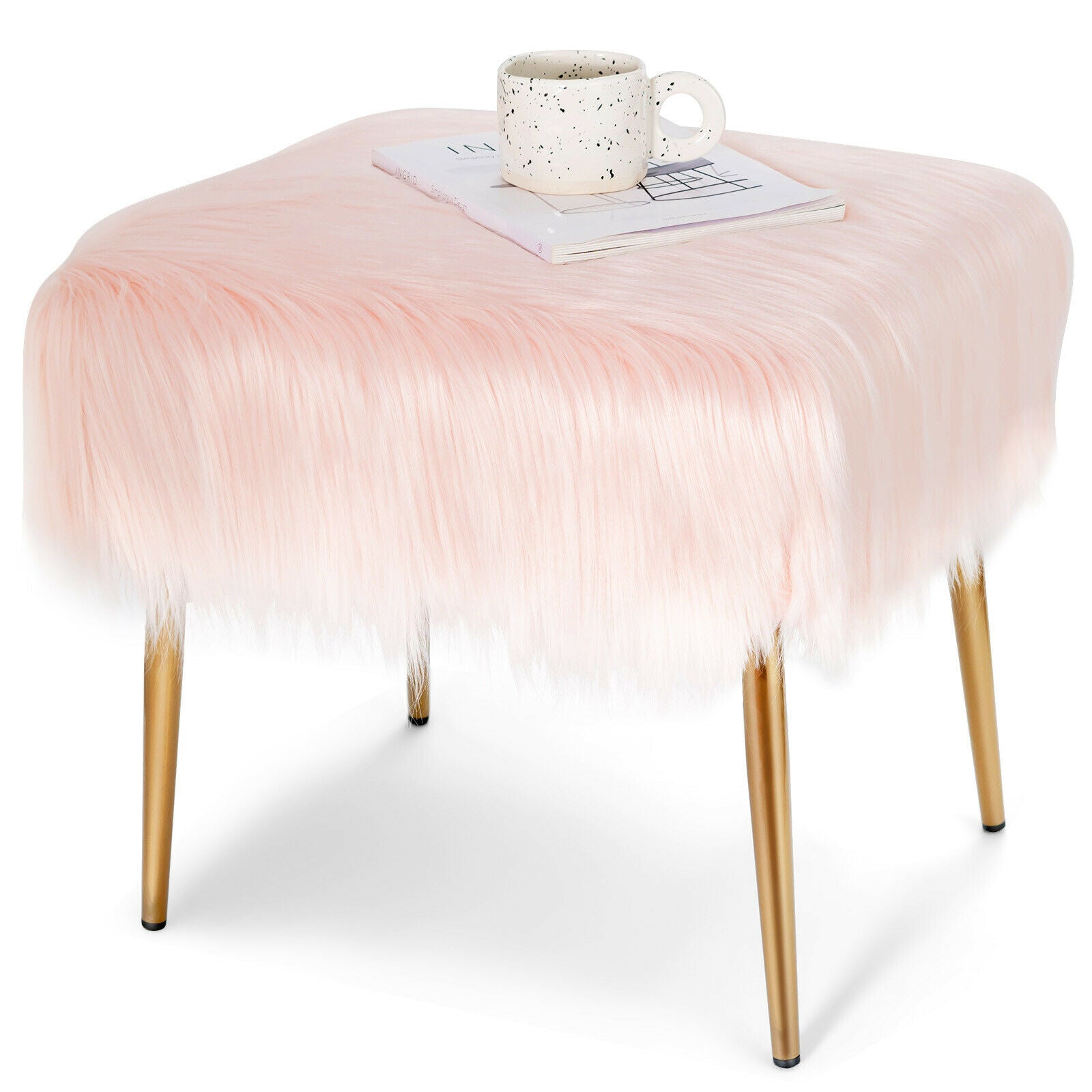 Faux Fur Vanity Stool Square Furry Ottoman w/ Golden Metal Legs Pink - jenshomeandgardendecor