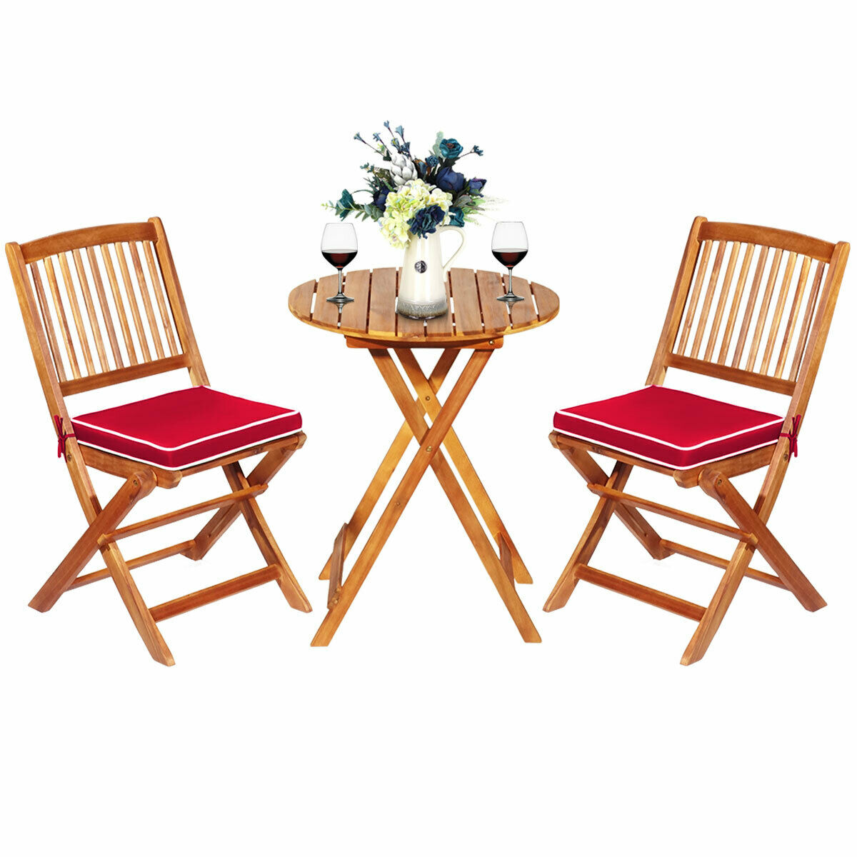 3PCS Patio Folding Wooden Bistro Set Cushioned Chair Conversation Garden Red - jenshomeandgardendecor