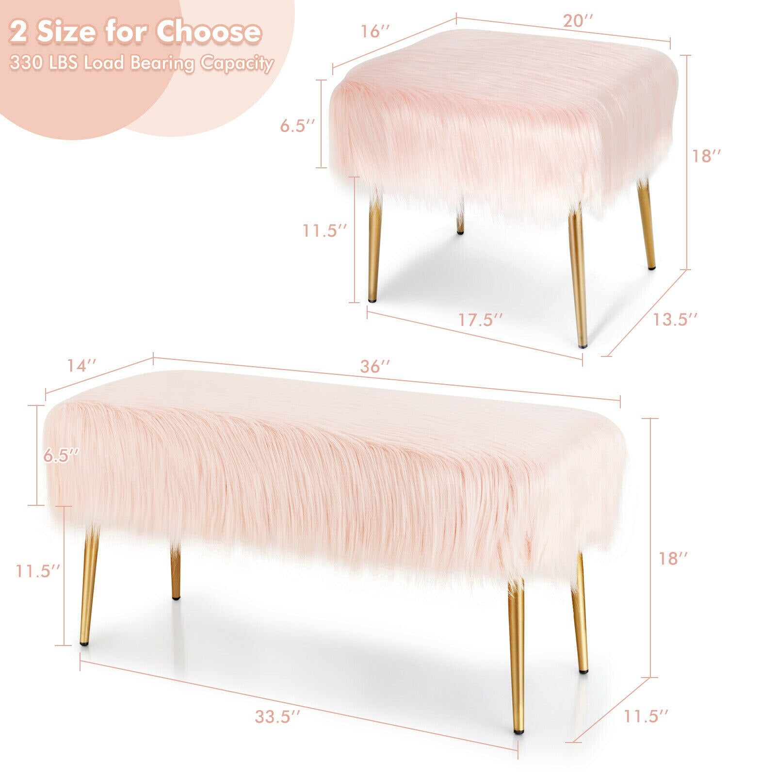 Faux Fur Vanity Stool Square Furry Ottoman w/ Golden Metal Legs Pink - jenshomeandgardendecor