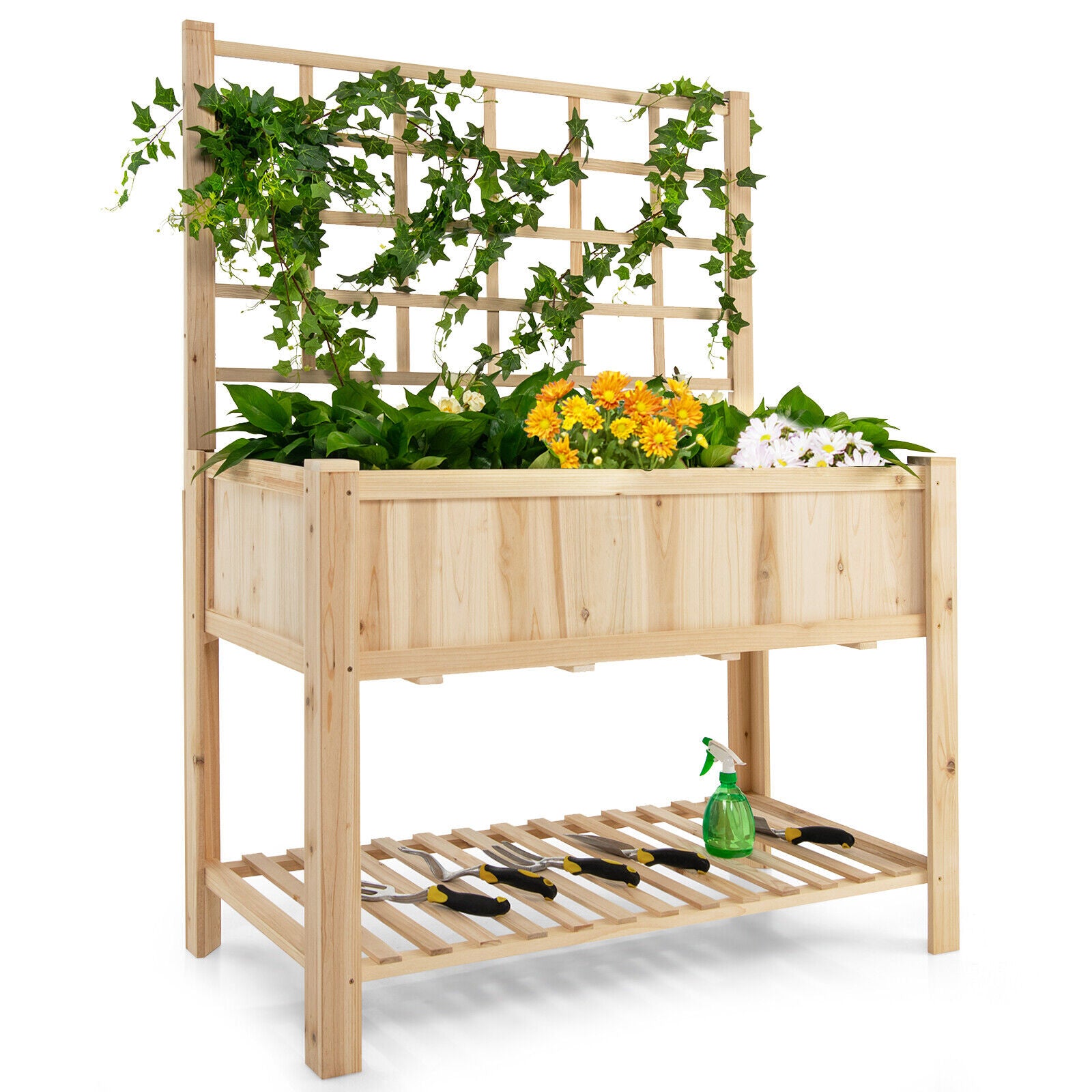 Elevated Wooden Planter Box w/ Trellis - jenshomeandgardendecor