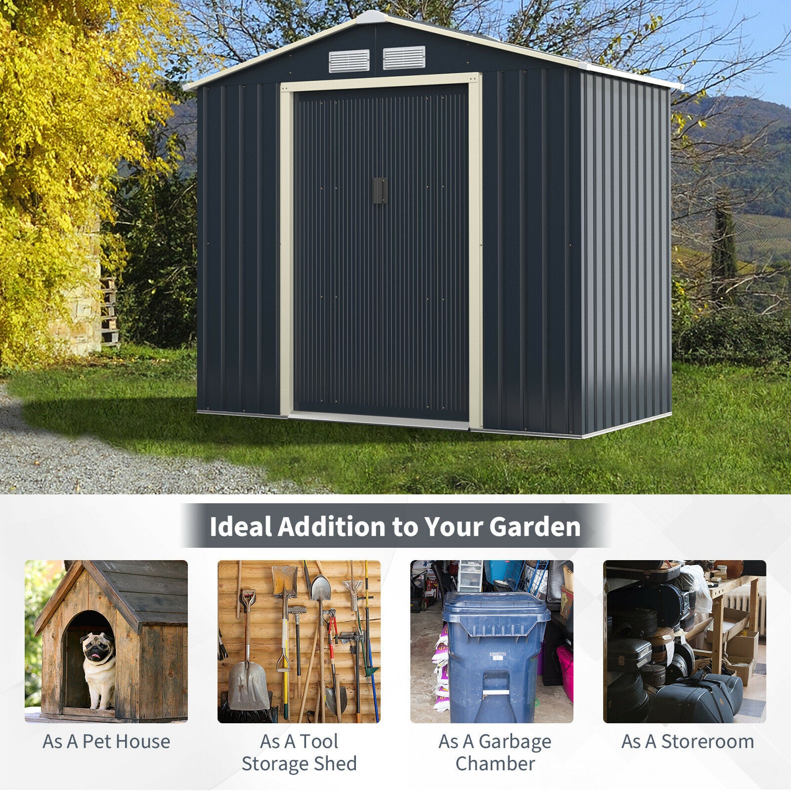 7’ X 4’ Metal Storage Shed for Garden and Tools w/Sliding Double Lockable Doors - jenshomeandgardendecor