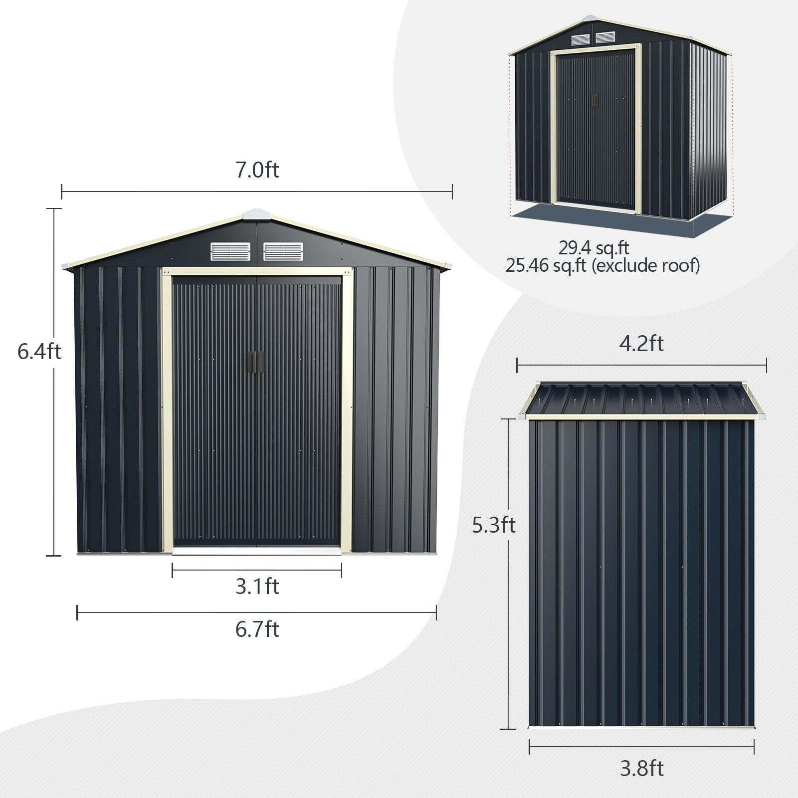 7’ X 4’ Metal Storage Shed for Garden and Tools w/Sliding Double Lockable Doors - jenshomeandgardendecor